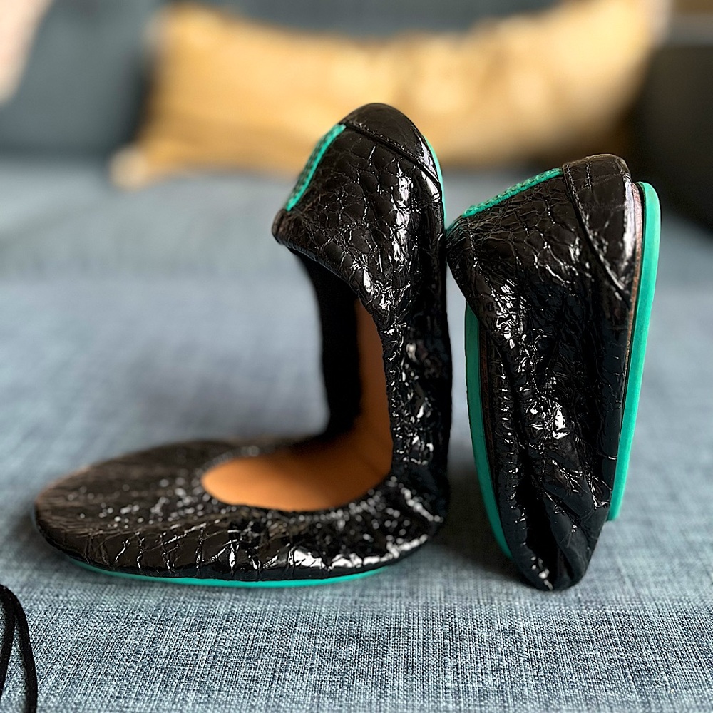 Tieks by Gavrieli Obsidian Black Patent Leather Croc Flats
